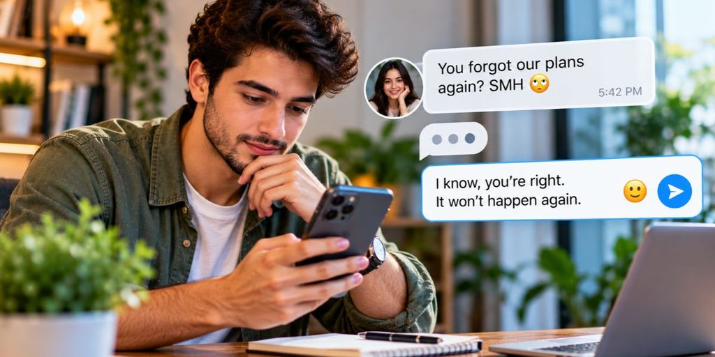 Person composing a reply to a text message on a smartphone.