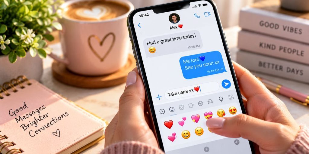 Person composing a friendly text message on a smartphone with affectionate symbols.