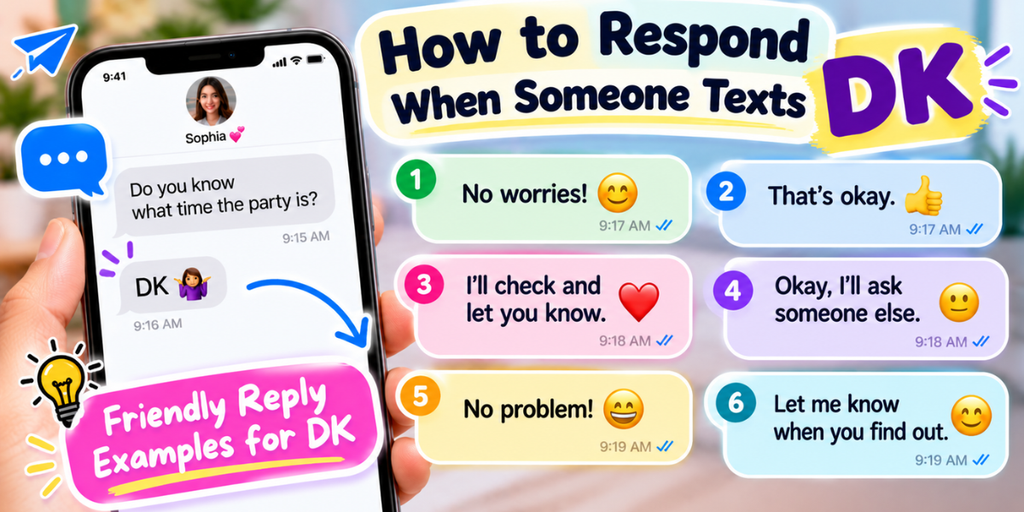 Friendly reply examples for someone who texts DK, including “No worries” and “I'll check.”v