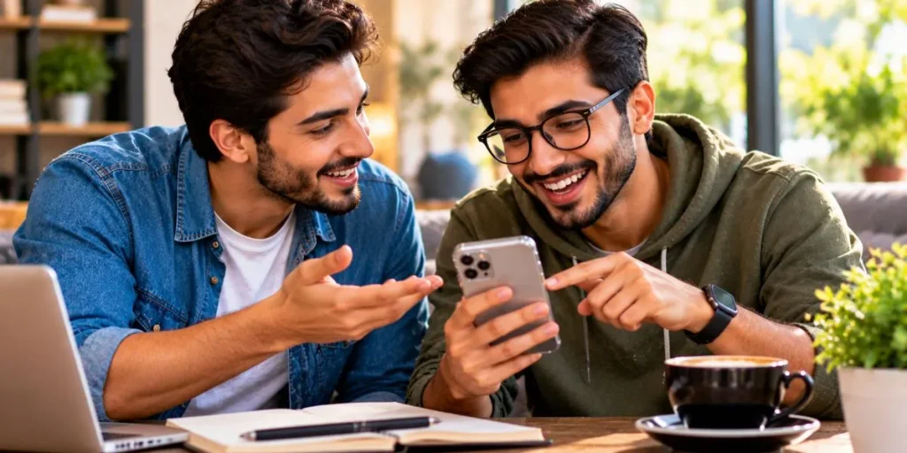 Two friends discussing a message while using a smartphone.