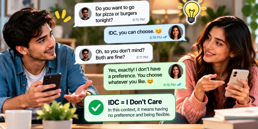 Two people discussing a text message and responding calmly