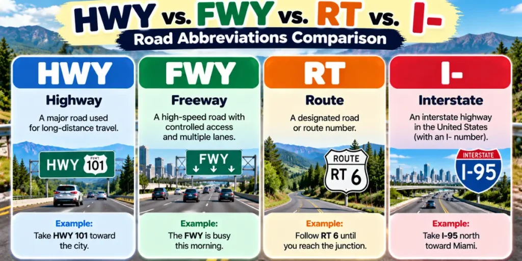 Comparison of HWY, FWY, RT, and interstate road abbreviations