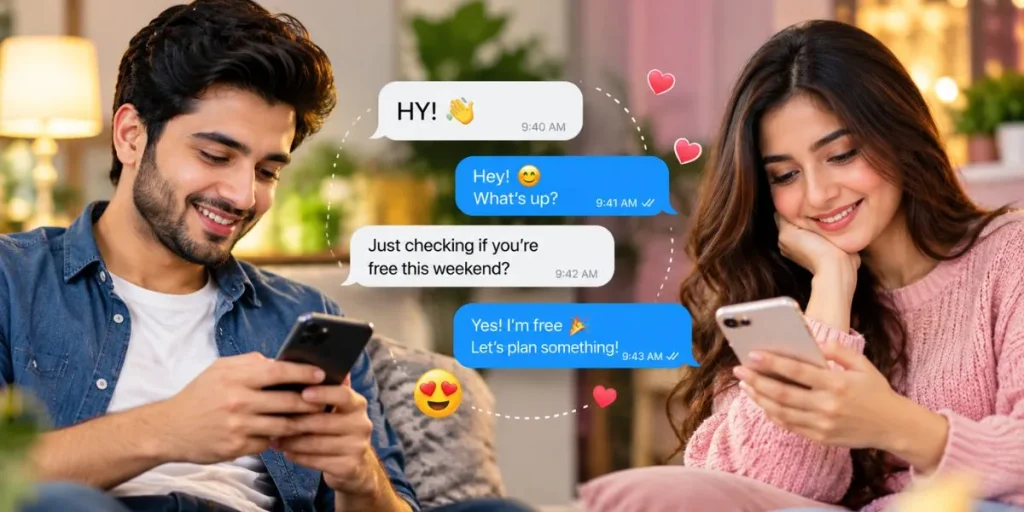 Two people exchanging friendly messages on their smartphones.
