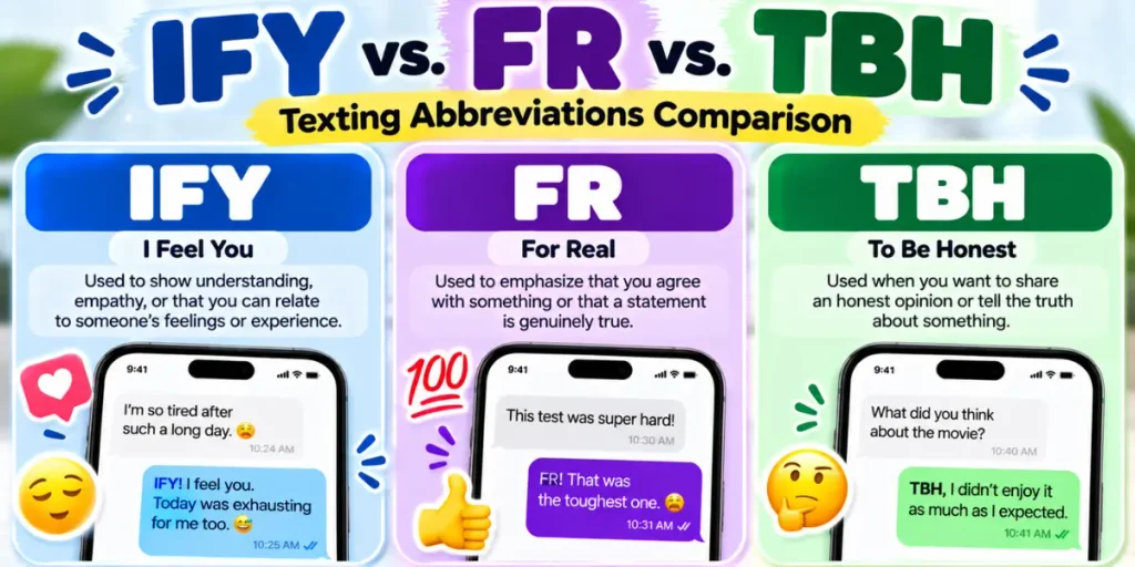 Comparison of IFY, FR, and TBH texting abbreviations and their meanings