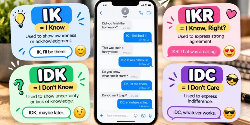 Comparison of IK, IKR, IDK, and IDC as common texting abbreviations.