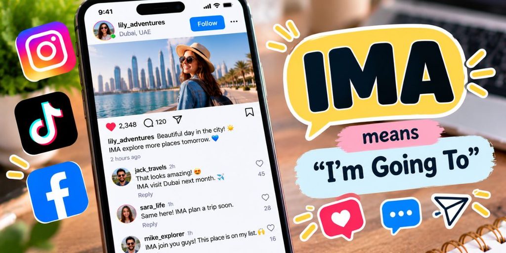 Smartphone showing a fictional social media conversation using IMA to describe an intended action.