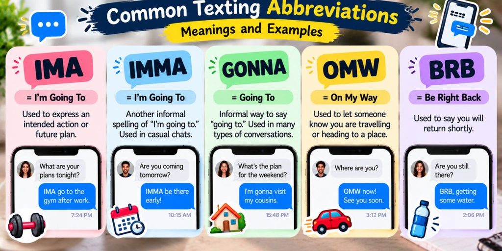 Comparison of IMA, IMMA, GONNA, OMW, and BRB texting expressions and their meanings.