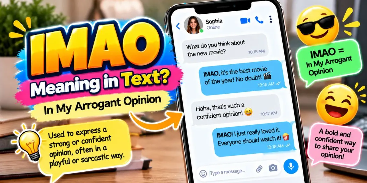 IMAO meaning in text illustrated with a smartphone conversation and chat bubbles.