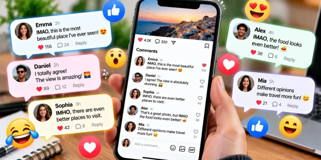 Smartphone displaying social media comments and reactions to different opinions.