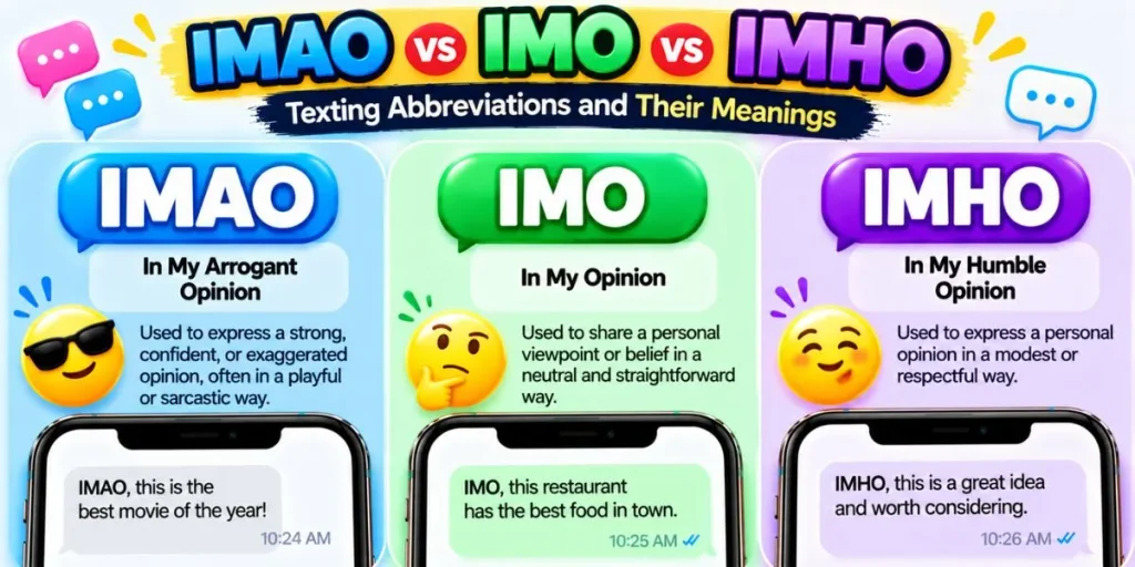 Comparison of IMAO, IMO, and IMHO abbreviations and their meanings in text messages.