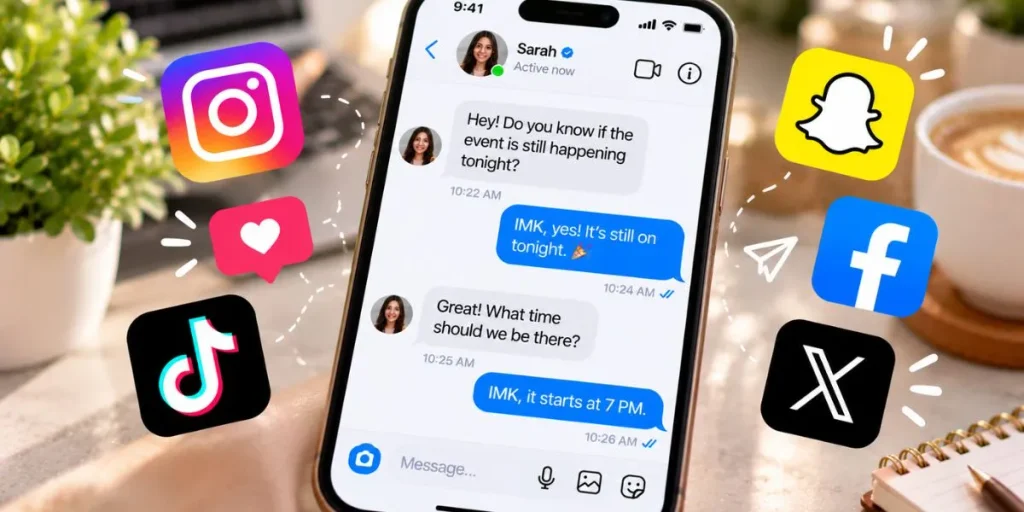 Smartphone displaying a fictional social media message that uses the IMK abbreviation.