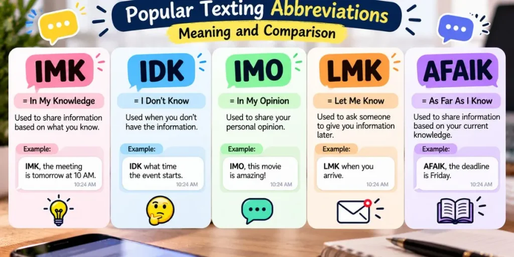 Comparison of IMK, IDK, IMO, LMK, and AFAIK texting abbreviations.