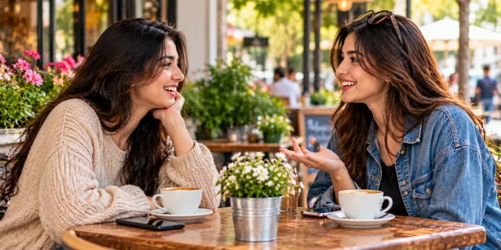 Two friends meeting face to face and chatting at an outdoor cafe