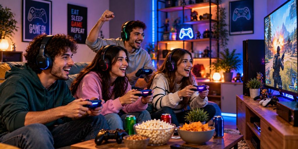 Friends playing multiplayer video games together in the same room