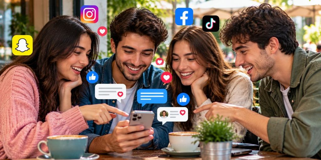 Friends discussing social media messages together on a smartphone