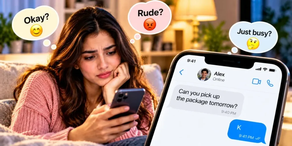 Person considering the tone of a short text message on a smartphone.