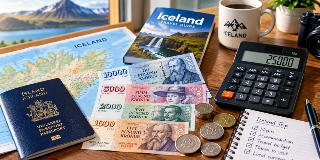 Travel planning desk with Icelandic currency and a calculator.