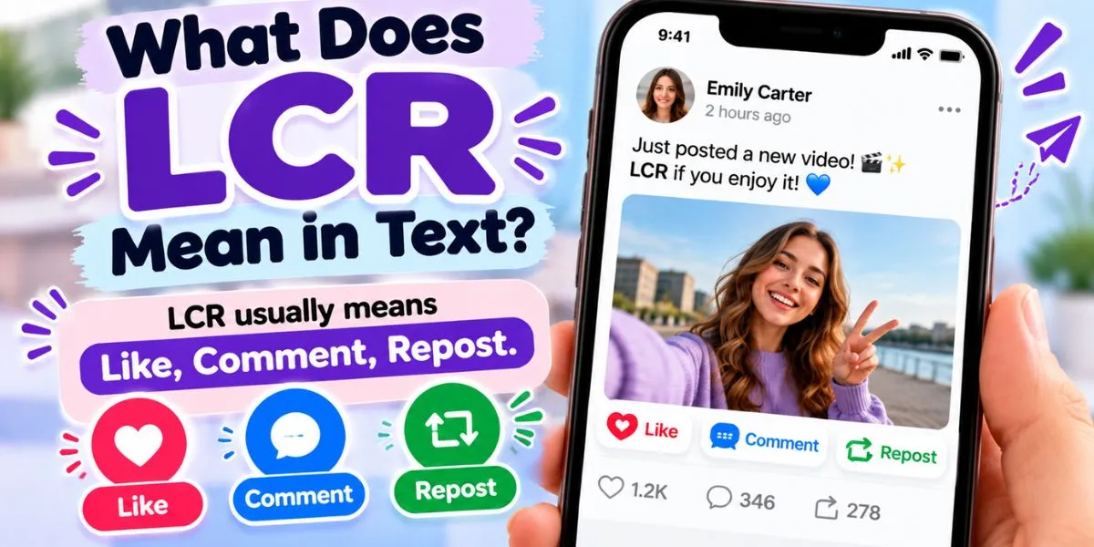 LCR meaning in text with a social media example showing Like, Comment, Repost