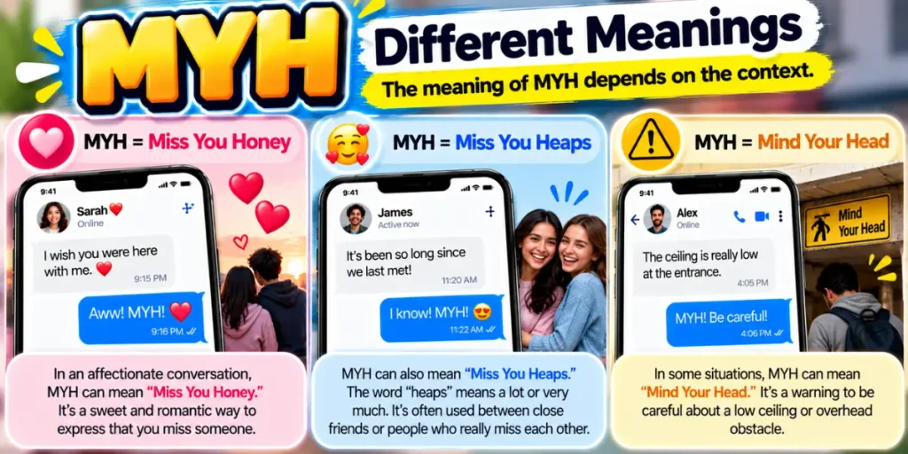 Comparison of possible MYH meanings including Miss You Honey, Miss You Heaps, and Mind Your Head