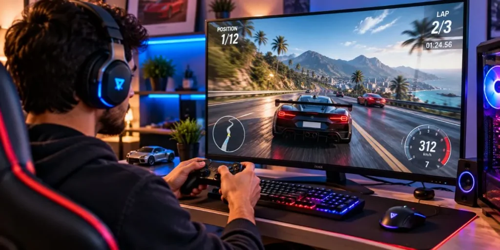 Gamer playing a racing video game on a computer monitor.