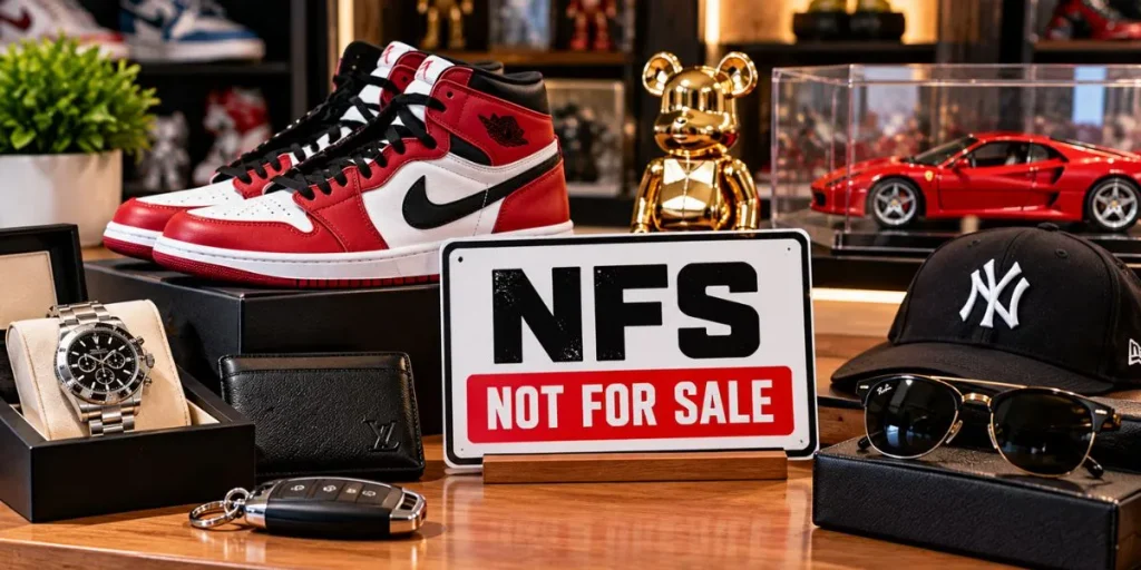 Collectible sneakers and accessories displayed with a Not For Sale label.