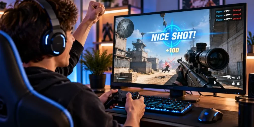 Gamer reacting to a successful shot in a video game.