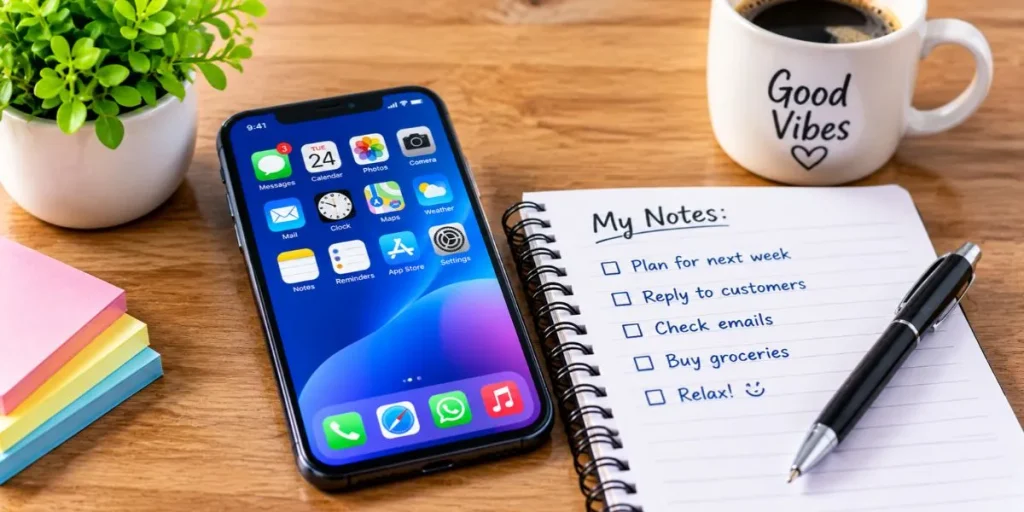 Smartphone and notebook arranged on a desk.