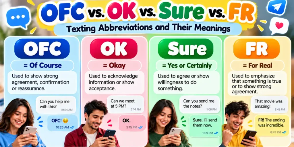 Comparison of OFC, OK, Sure, and FR texting abbreviations and their meanings