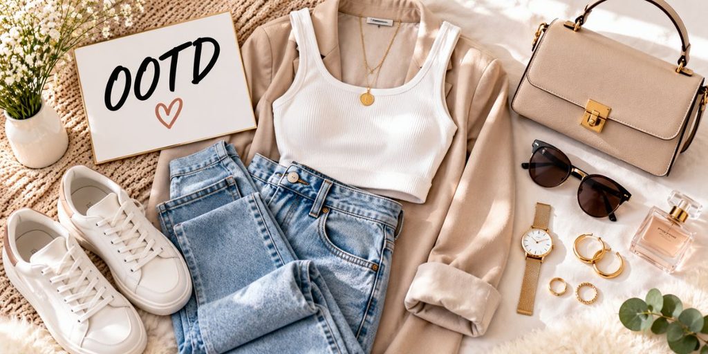 Fashion outfit and accessories arranged for a social media post