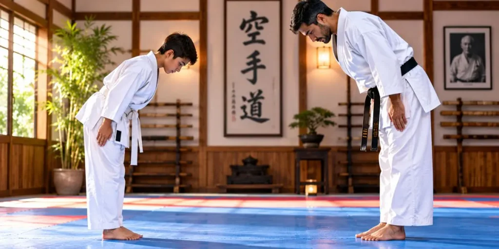 Karate student showing respect to an instructor in a martial arts dojo.