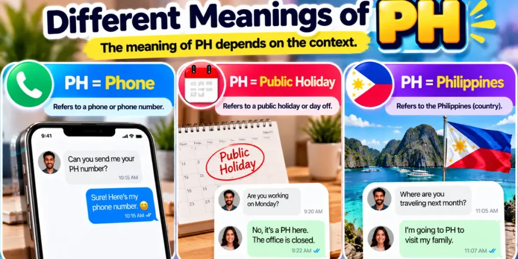 Examples of PH referring to phone, public holiday, or the Philippines in different contexts
