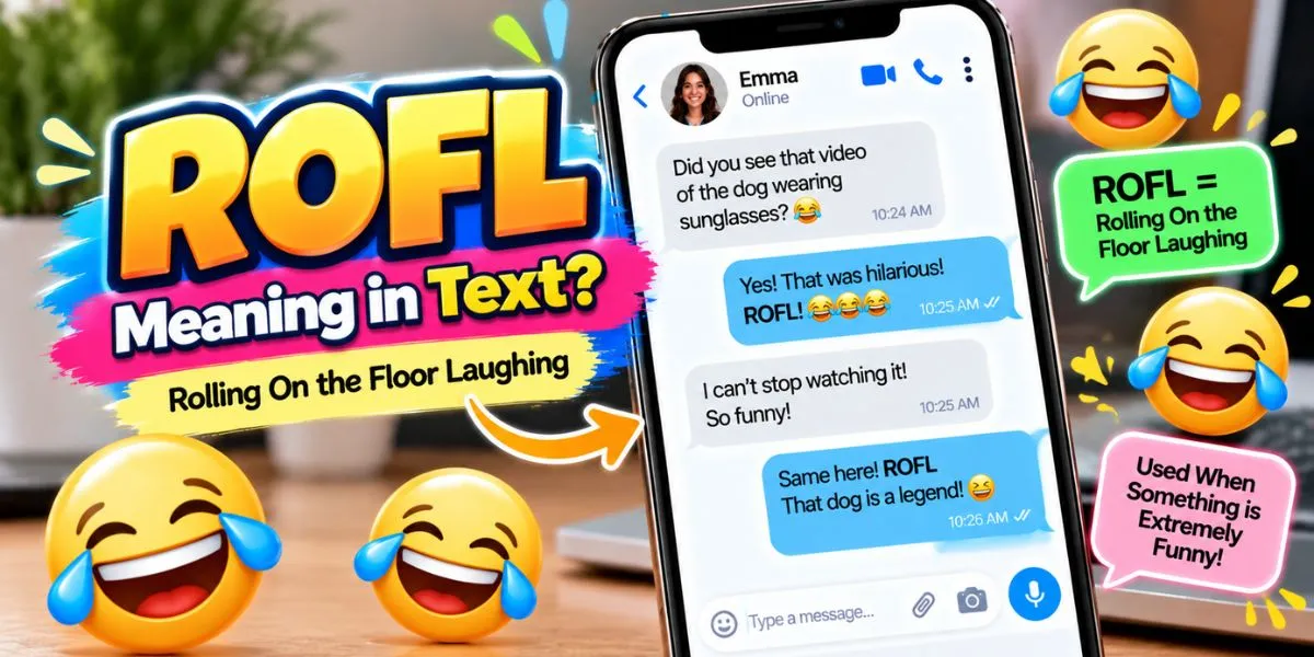 ROFL meaning in text illustrated with a smartphone conversation and laughing emojis.
