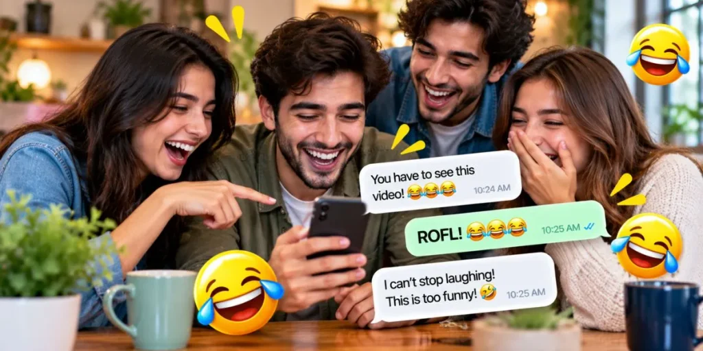 Friends laughing while reading a funny text message on a smartphone.