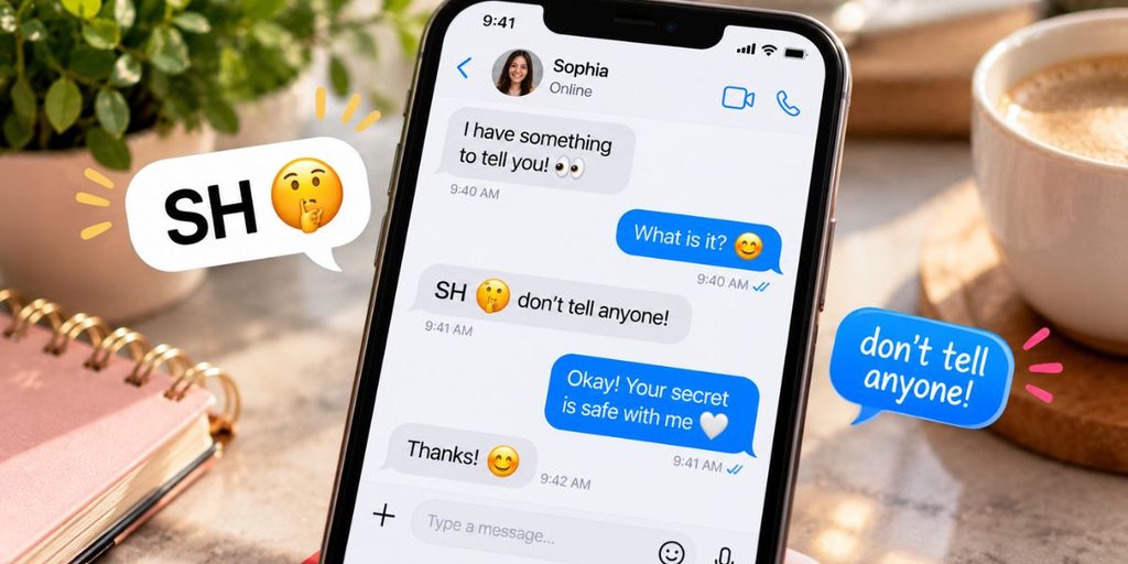 Example text messages showing SH alongside a shushing emoji in a casual conversation.