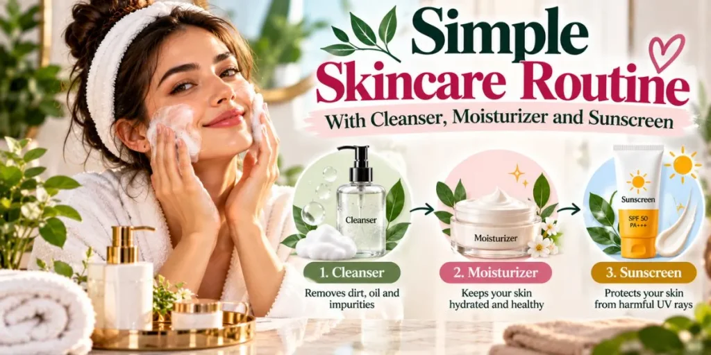 Simple skincare routine with cleanser moisturizer and sunscreen