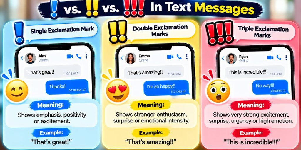 Comparison of single, double, and triple exclamation marks in text messages.