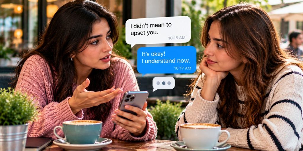 Two friends discussing a message and clarifying a misunderstanding over coffee.