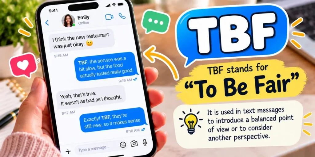 TBF abbreviation explained as “To Be Fair” in an example texting conversation.