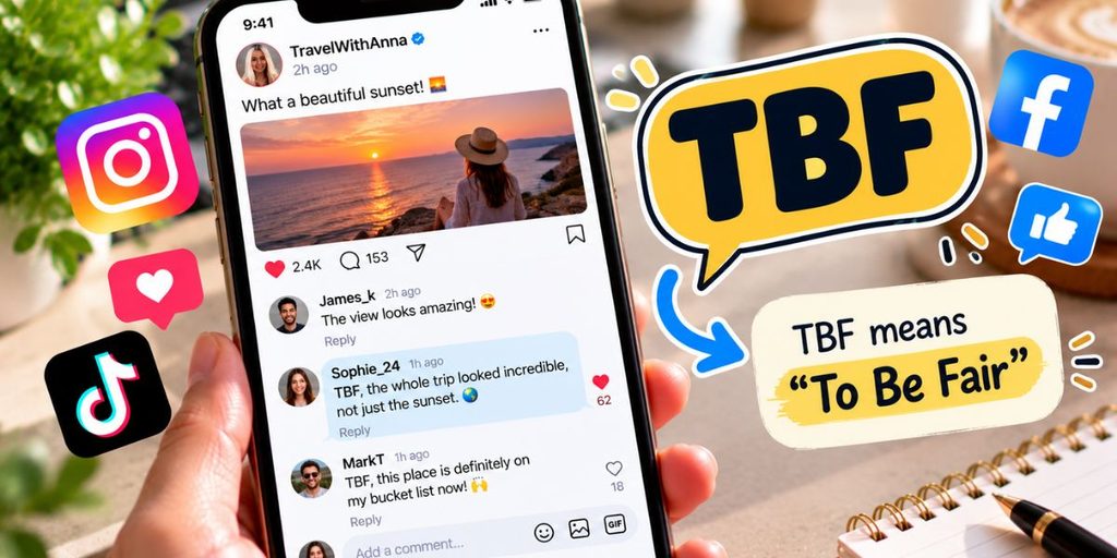 Smartphone showing a fictional social media conversation using TBF in a comment.