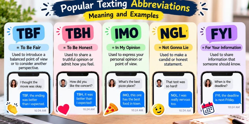 Comparison of TBF, TBH, IMO, NGL, and FYI texting abbreviations and their meanings.