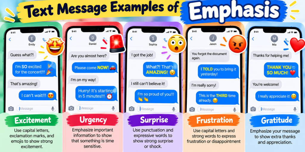 Text message examples showing emphasis to express excitement, urgency, and surprise