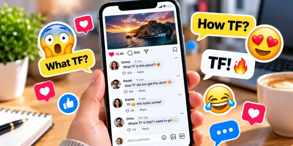 Smartphone displaying a social media conversation with surprised reactions.