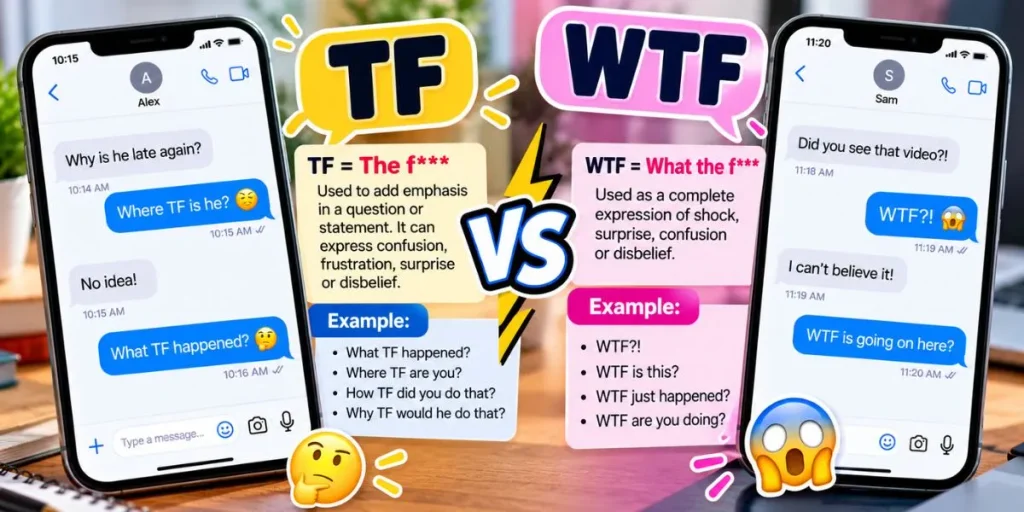 Text message examples comparing the abbreviations TF and WTF.