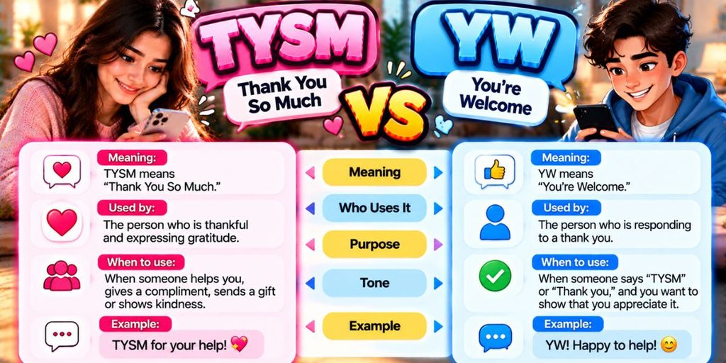 TYSM vs YW showing the difference between Thank You So Much and You're Welcome