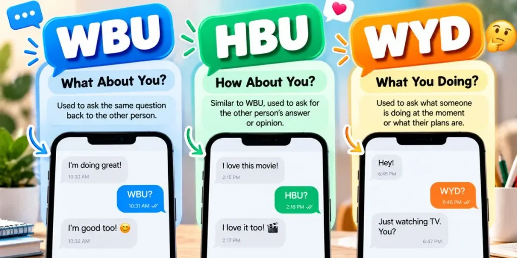 Comparison of WBU, HBU, and WYD texting abbreviations and their full meanings.
