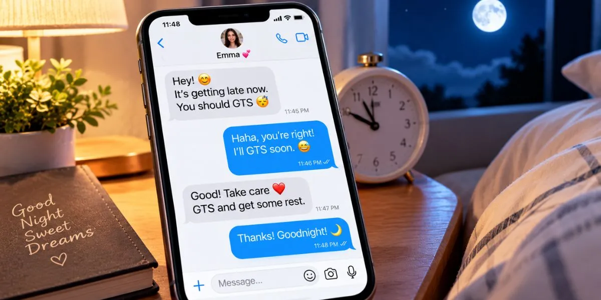 Smartphone displaying a late-night text message using GTS to mean Go To Sleep.