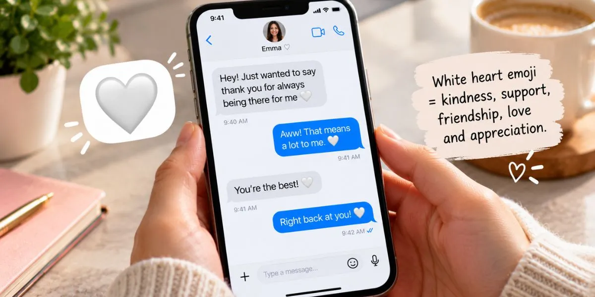 Smartphone displaying a white heart emoji in a text conversation illustrating the meaning of 🤍.