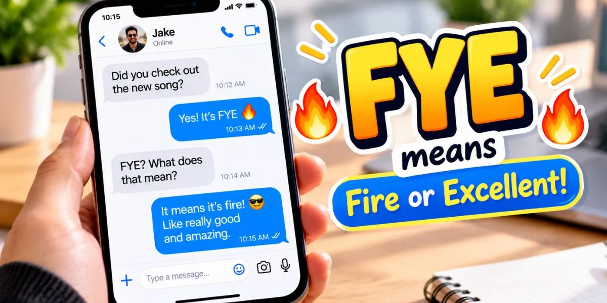 Smartphone showing a text message that uses FYE to mean something is fire or excellent.