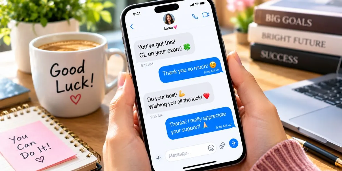 Smartphone displaying a text conversation wishing someone good luck