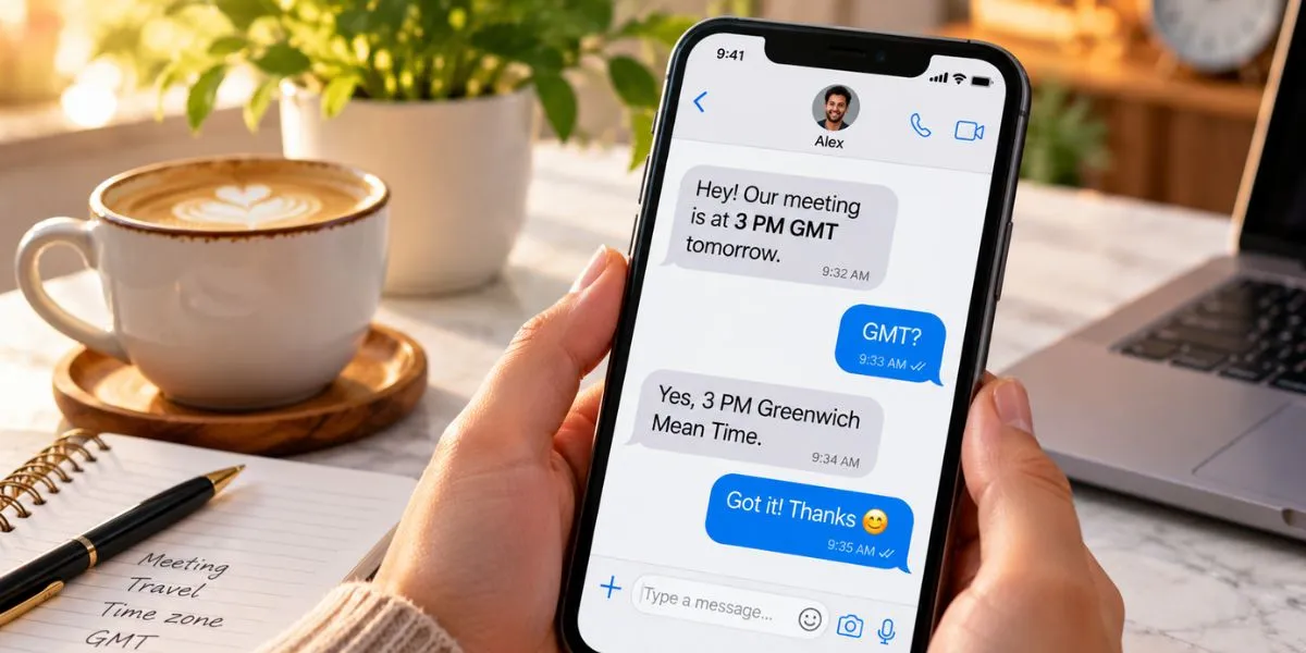 Smartphone displaying a text conversation with the abbreviation GMT.